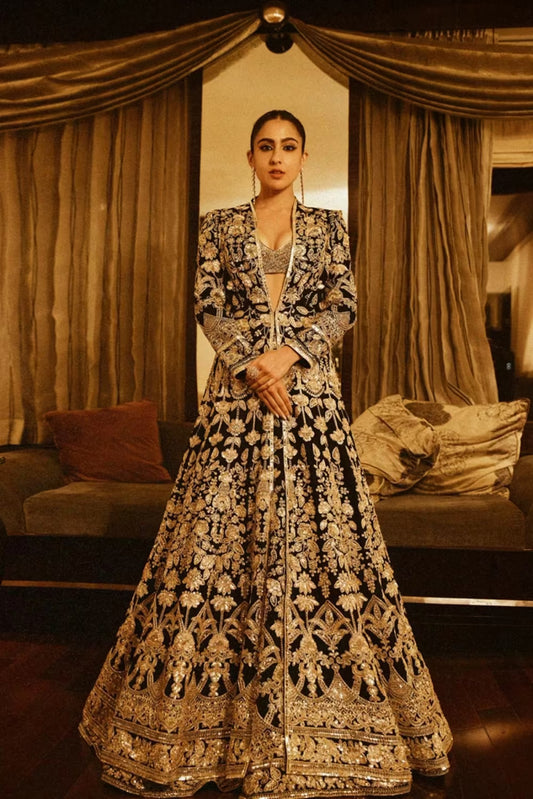 Sara Ali Khan in our Black Antique Gold Embroidered Lehenga Set