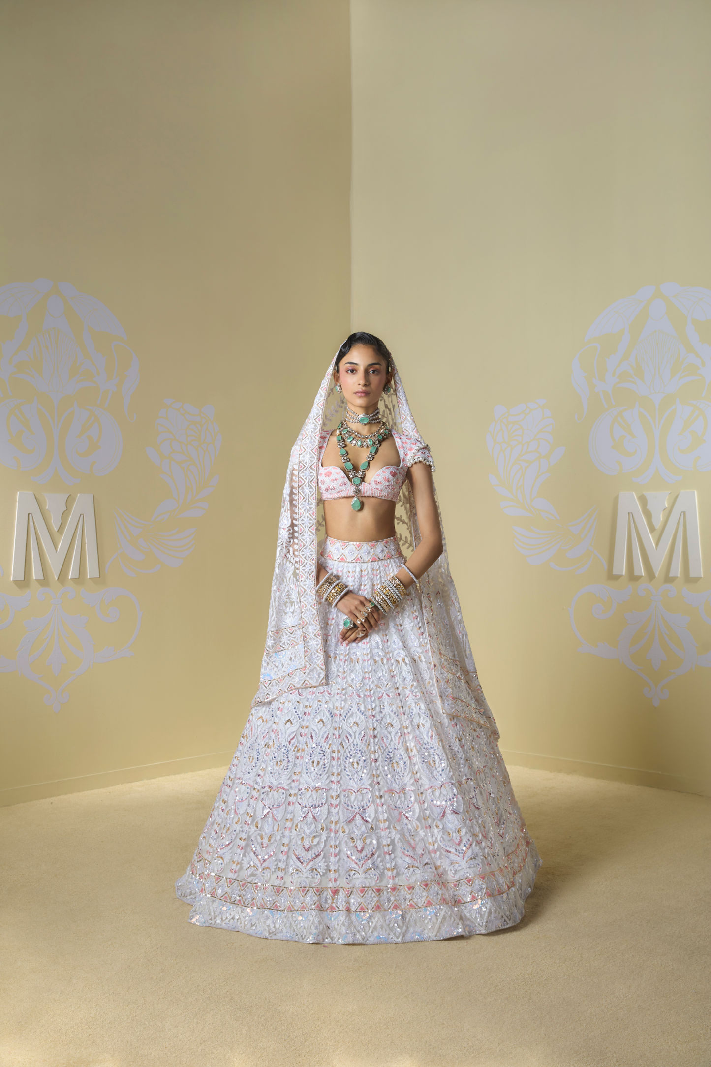 Ivory Sequins Kashmiri Lehenga Set