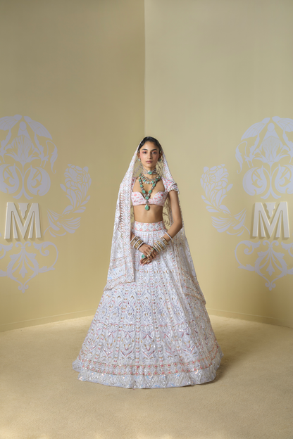 Ivory Sequins Kashmiri Lehenga Set