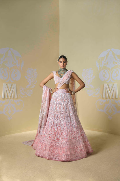 Peach Pink Ombre Shaded Kashmiri Lehenga Set