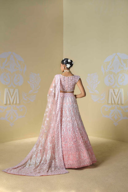 Peach Pink Ombre Shaded Kashmiri Lehenga Set