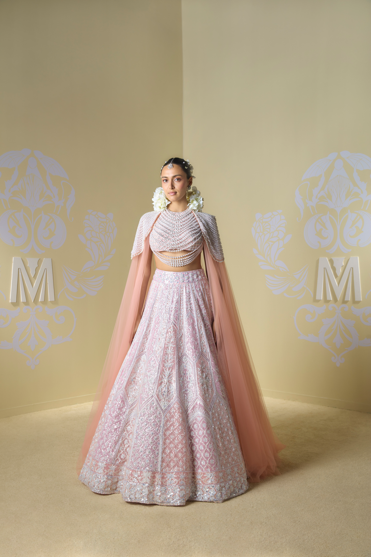 Peach and Pink Kashmiri Geometric Lehenga Set