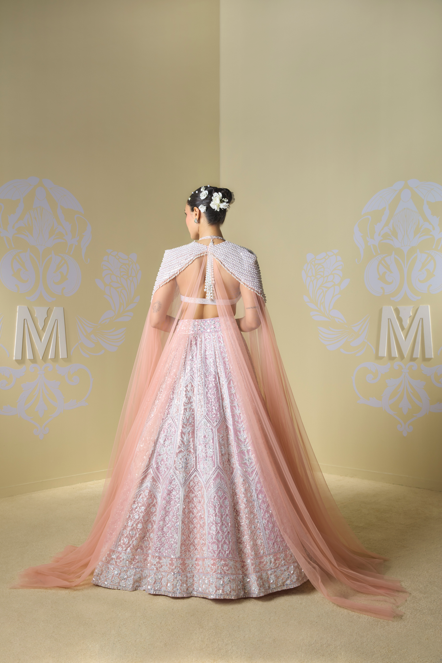 Peach and Pink Kashmiri Geometric Lehenga Set
