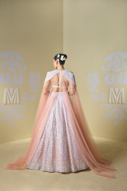 Peach and Pink Kashmiri Geometric Lehenga Set