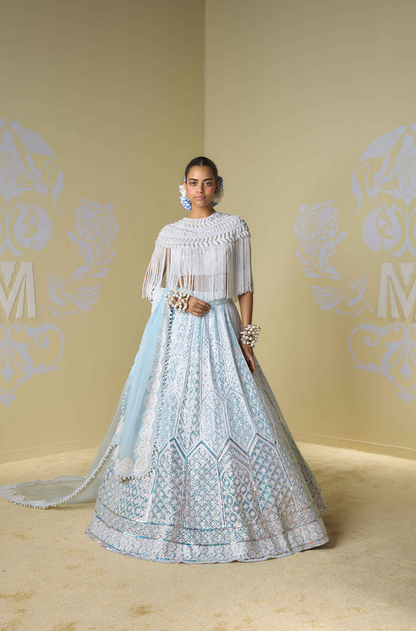 Blue & Ivory Sequins Kashmiri Lehenga Set