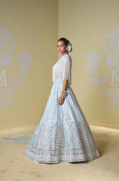 Blue & Ivory Sequins Kashmiri Lehenga Set