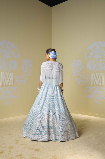 Blue & Ivory Sequins Kashmiri Lehenga Set