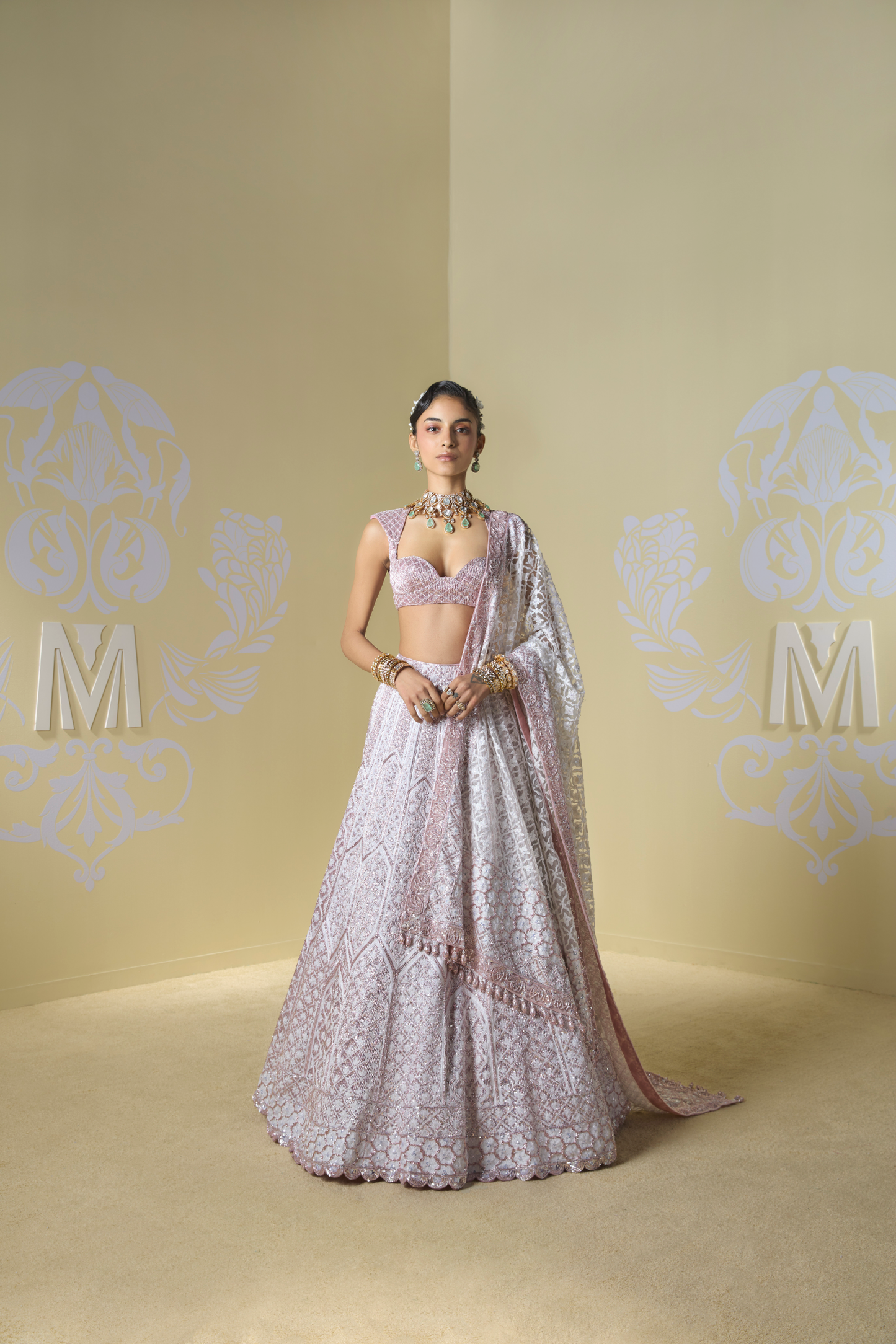 Ivory and Rose Gold Geometric Kashmiri Lehenga Set