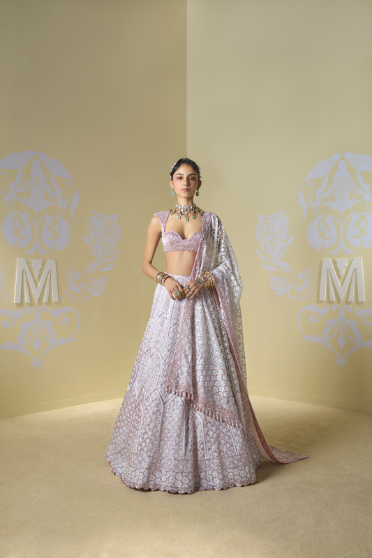 Ivory and Rose Gold Geometric Kashmiri Lehenga Set