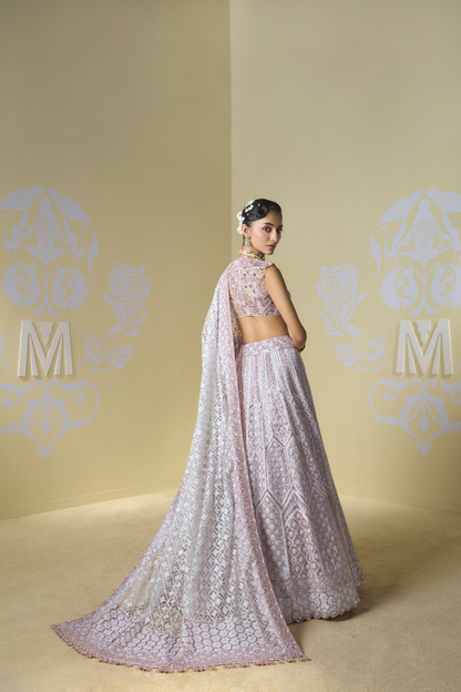 Ivory and Rose Gold Geometric Kashmiri Lehenga Set