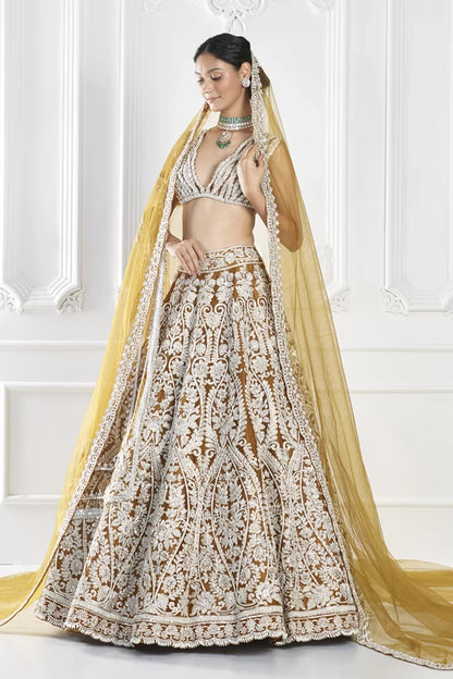 Mustard Embroidered Organza Lehenga Set