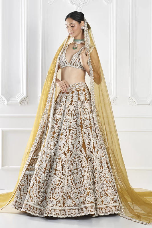 Mustard Embroidered Organza Lehenga Set