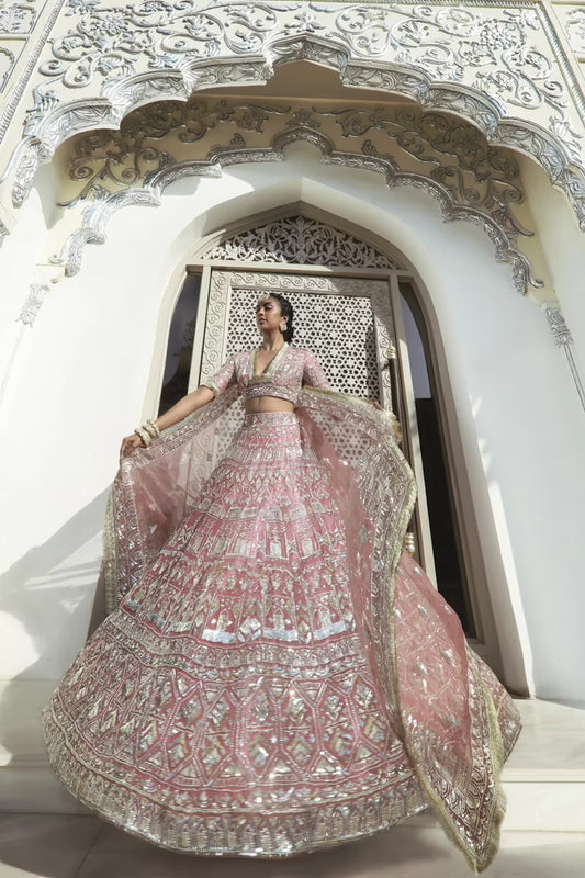 Old Rose Geometric Silver Lehenga Set