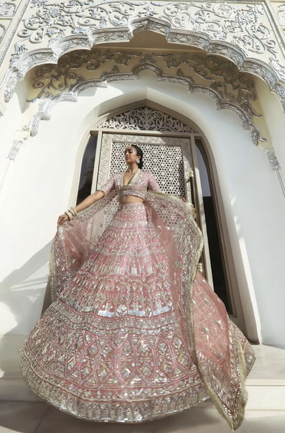 Old Rose Geometric Silver Lehenga Set