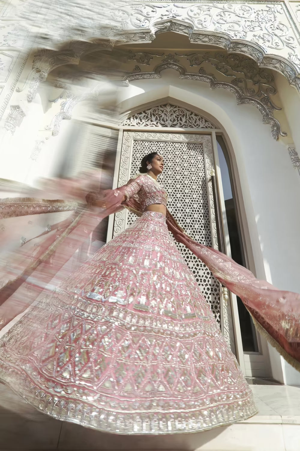 Old Rose Geometric Silver Lehenga Set