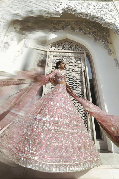 Old Rose Geometric Silver Lehenga Set