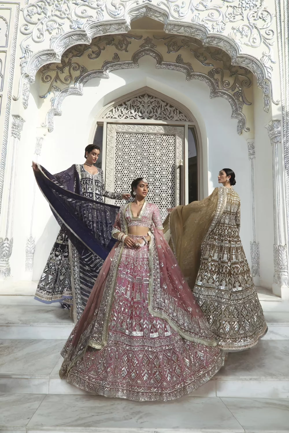 Old Rose Geometric Silver Lehenga Set