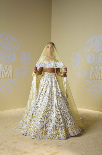 Yellow and Ivory Floral Kashmiri Embroidered Lehenga Set