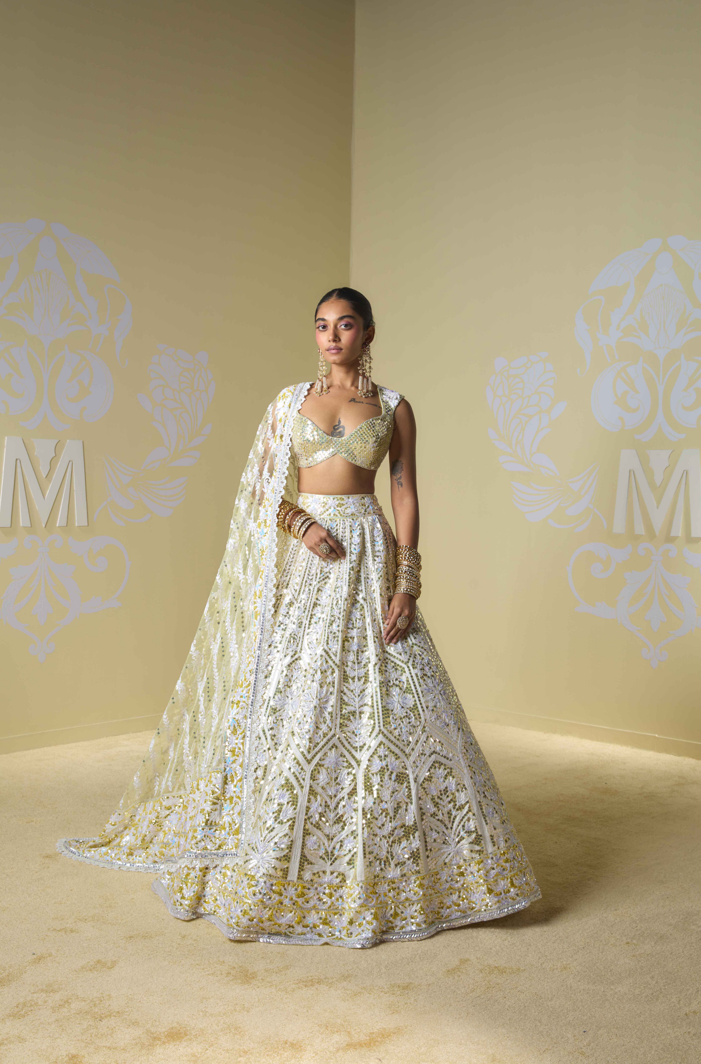 Yellow and Ivory Floral Kashmiri Embroidered Lehenga Set