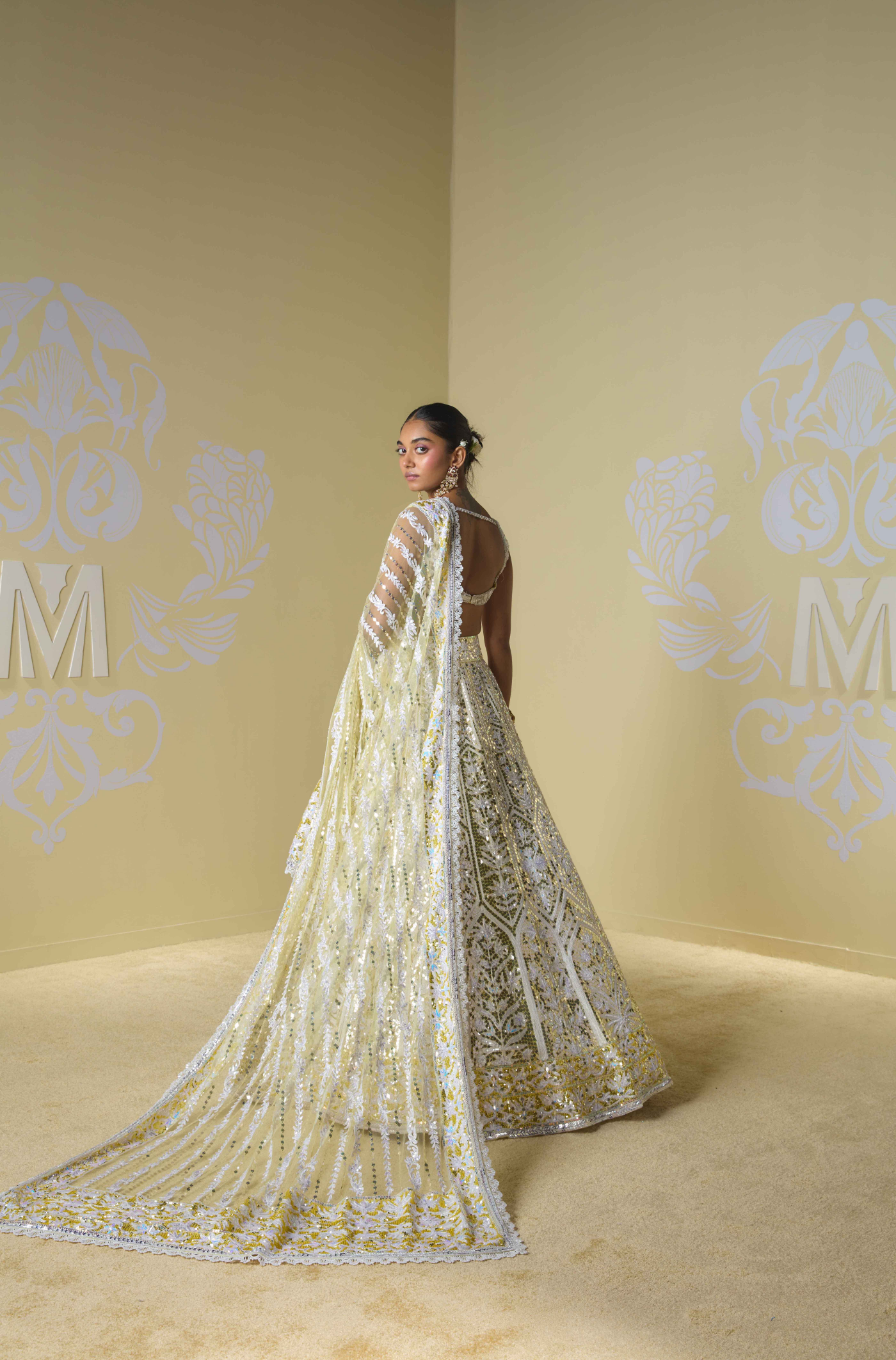 Yellow and Ivory Floral Kashmiri Embroidered Lehenga Set