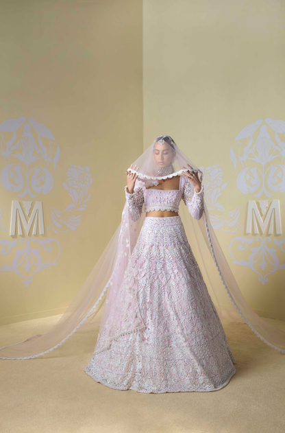 Baby Pink and Ivory Kashmiri Embroidered Lehenga Set