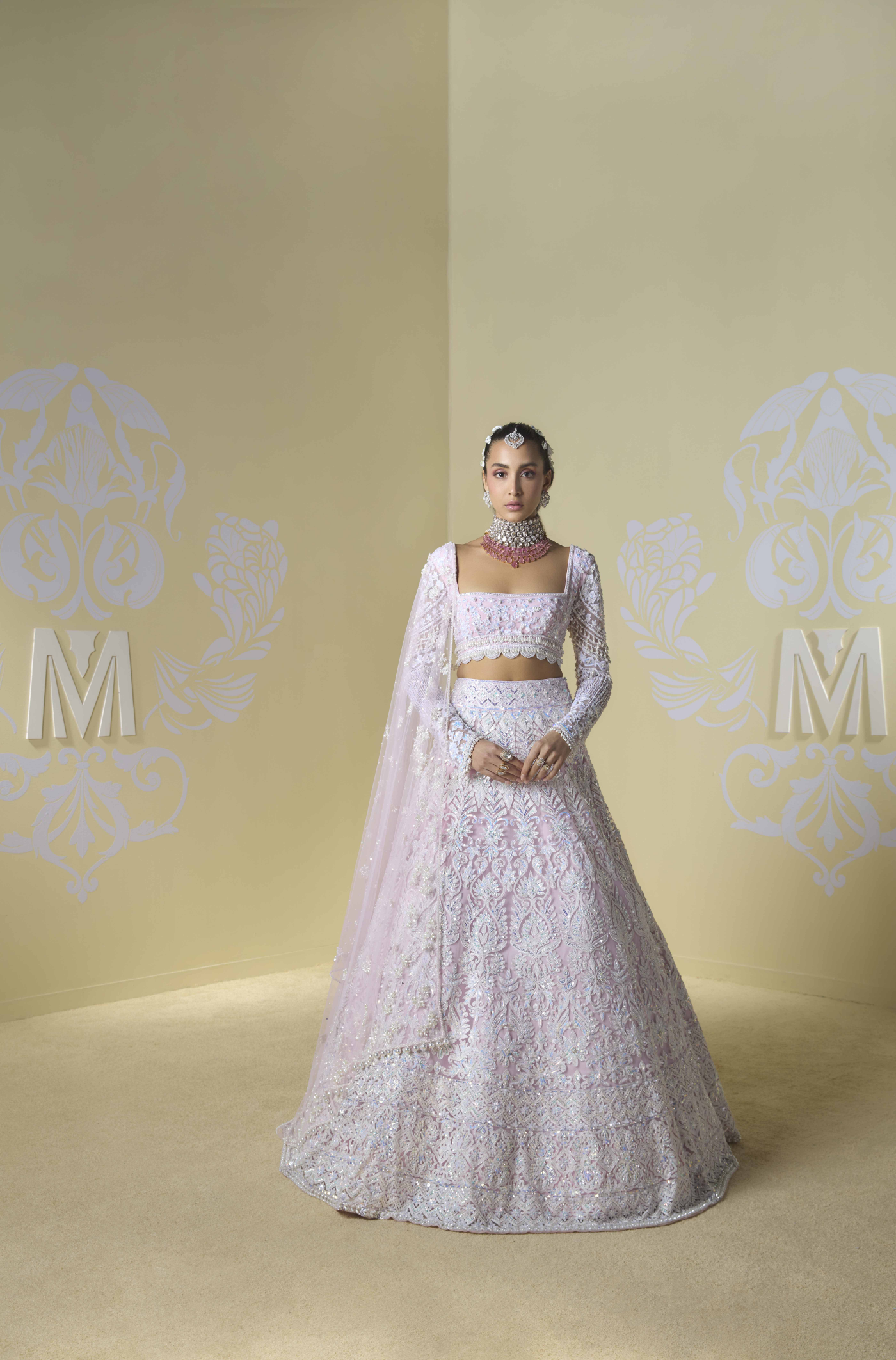 Baby Pink and Ivory Kashmiri Embroidered Lehenga Set