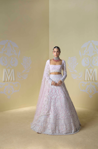 Baby Pink and Ivory Kashmiri Embroidered Lehenga Set