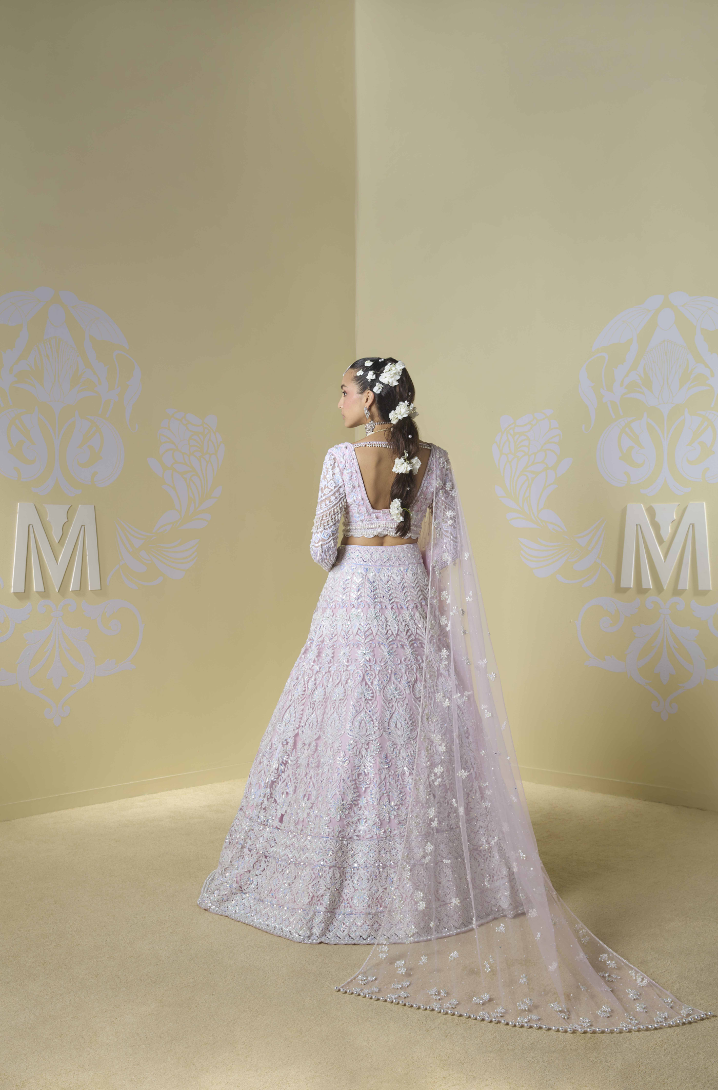 Baby Pink and Ivory Kashmiri Embroidered Lehenga Set