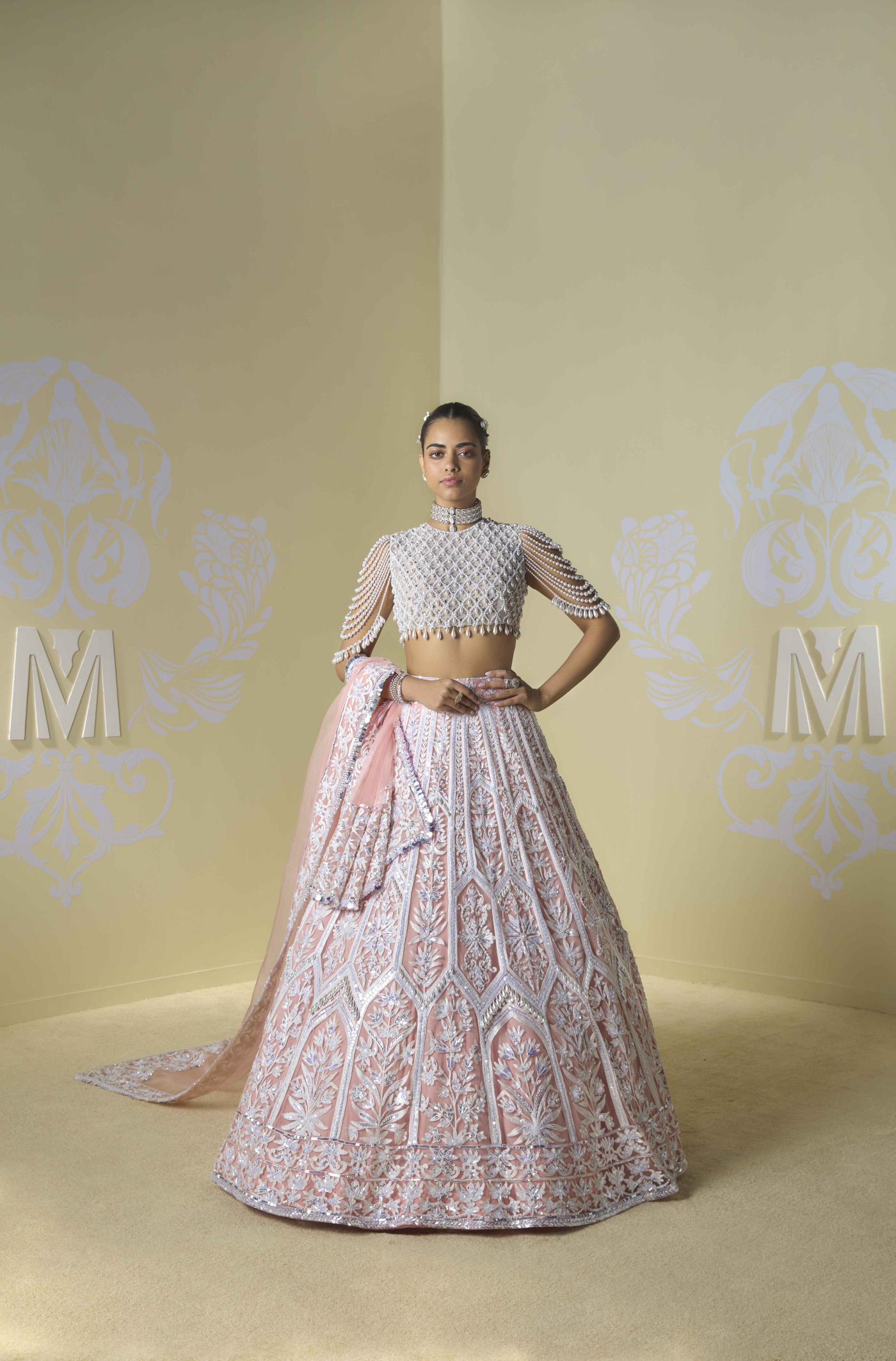 Peach and Ivory Geometric Kashmiri Lehenga Set