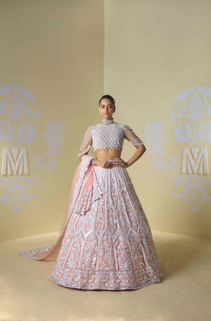 Peach and Ivory Geometric Kashmiri Lehenga Set
