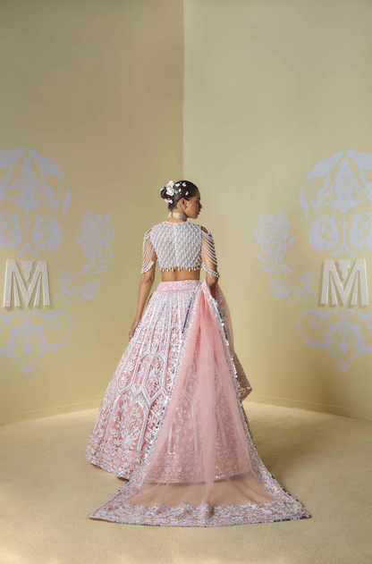 Peach and Ivory Geometric Kashmiri Lehenga Set