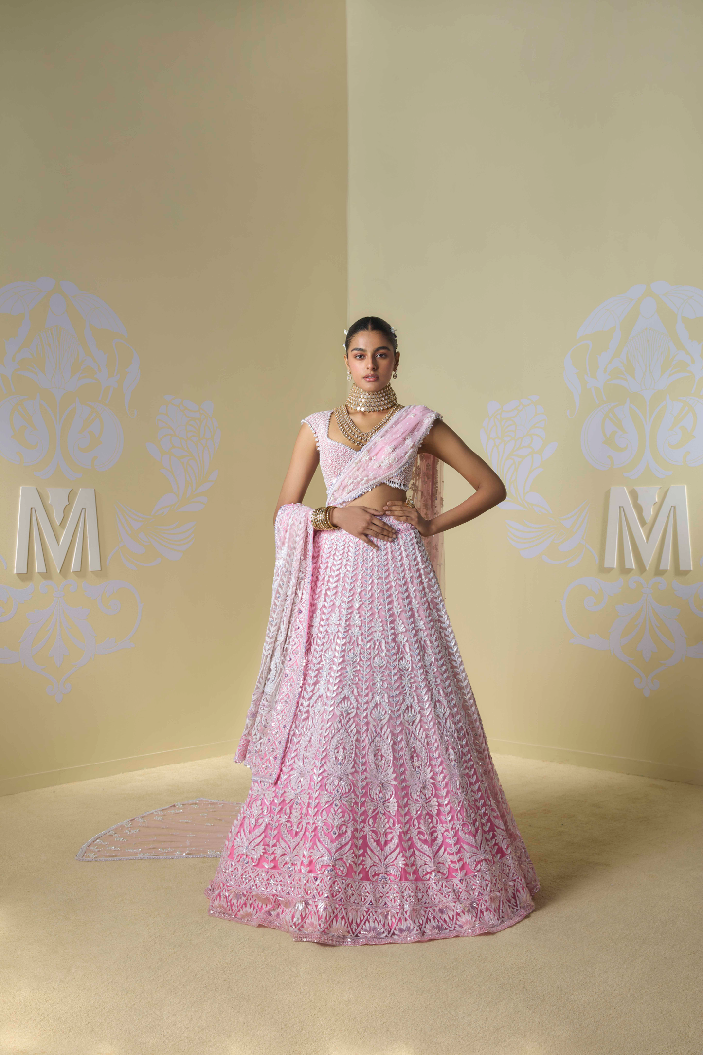 Pink OmbrÃ© Shaded Kashmiri Lehenga Set