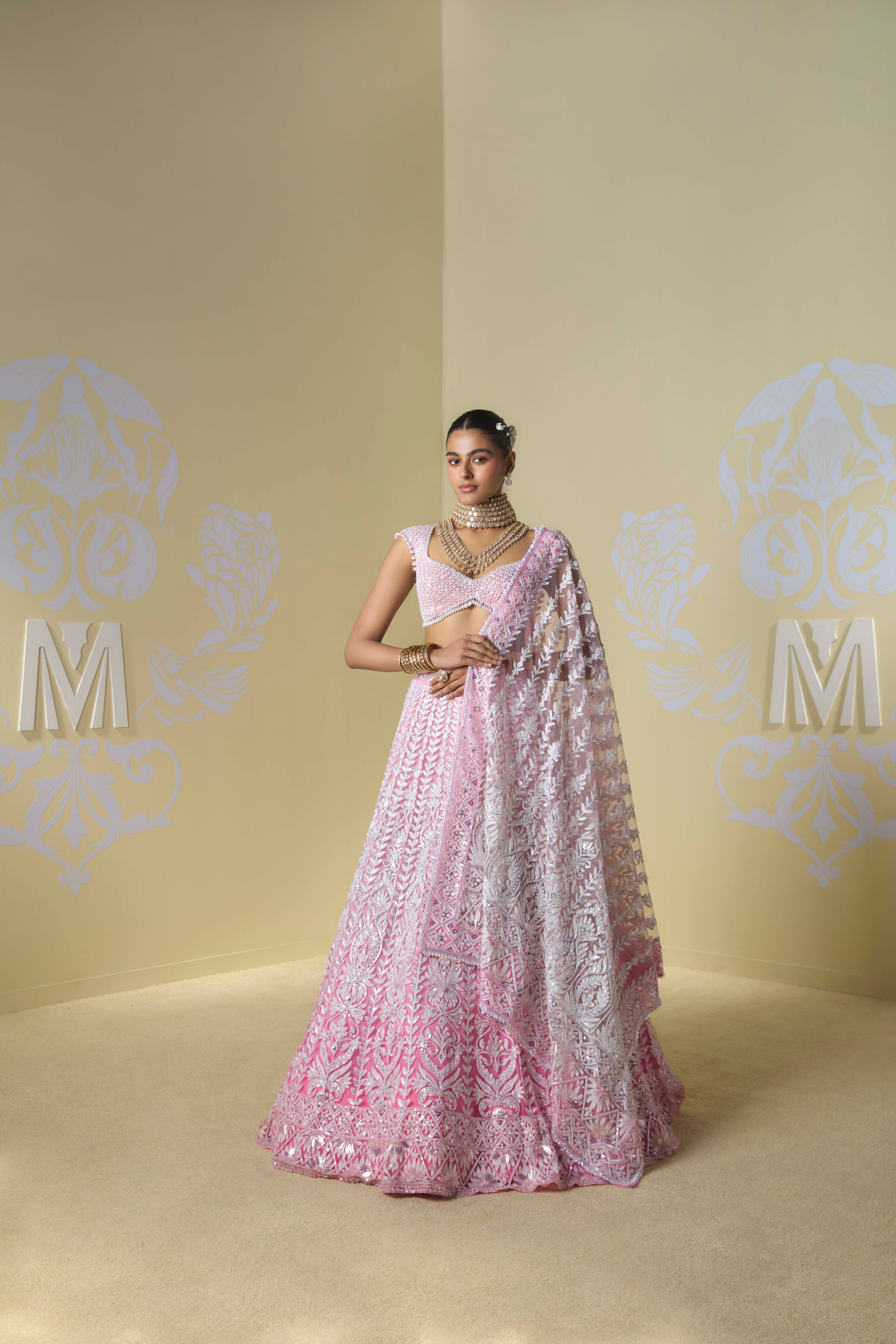 Pink OmbrÃ© Shaded Kashmiri Lehenga Set