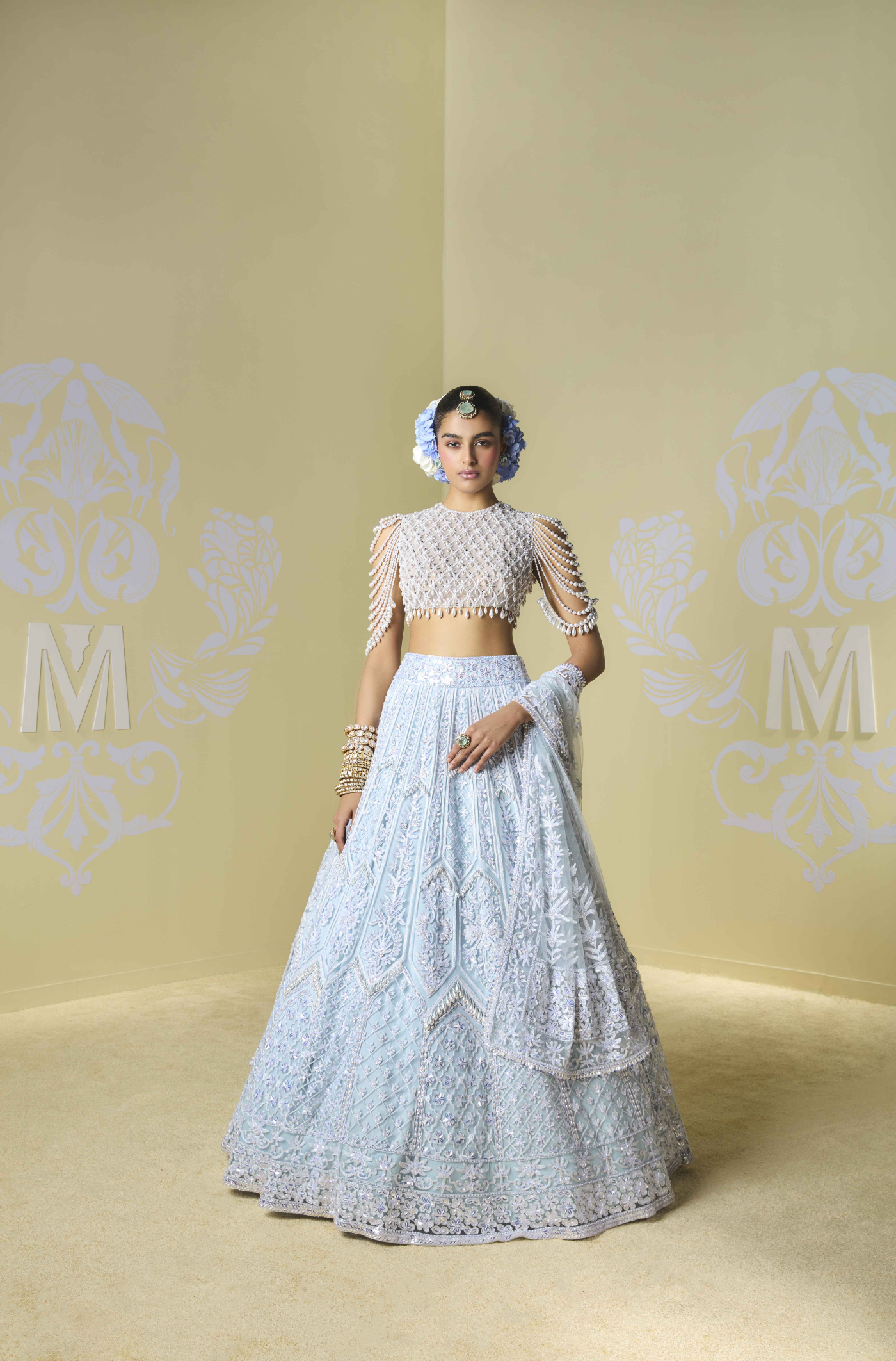 Powder Blue and Ivory Kashmiri Embroidered Lehenga Set