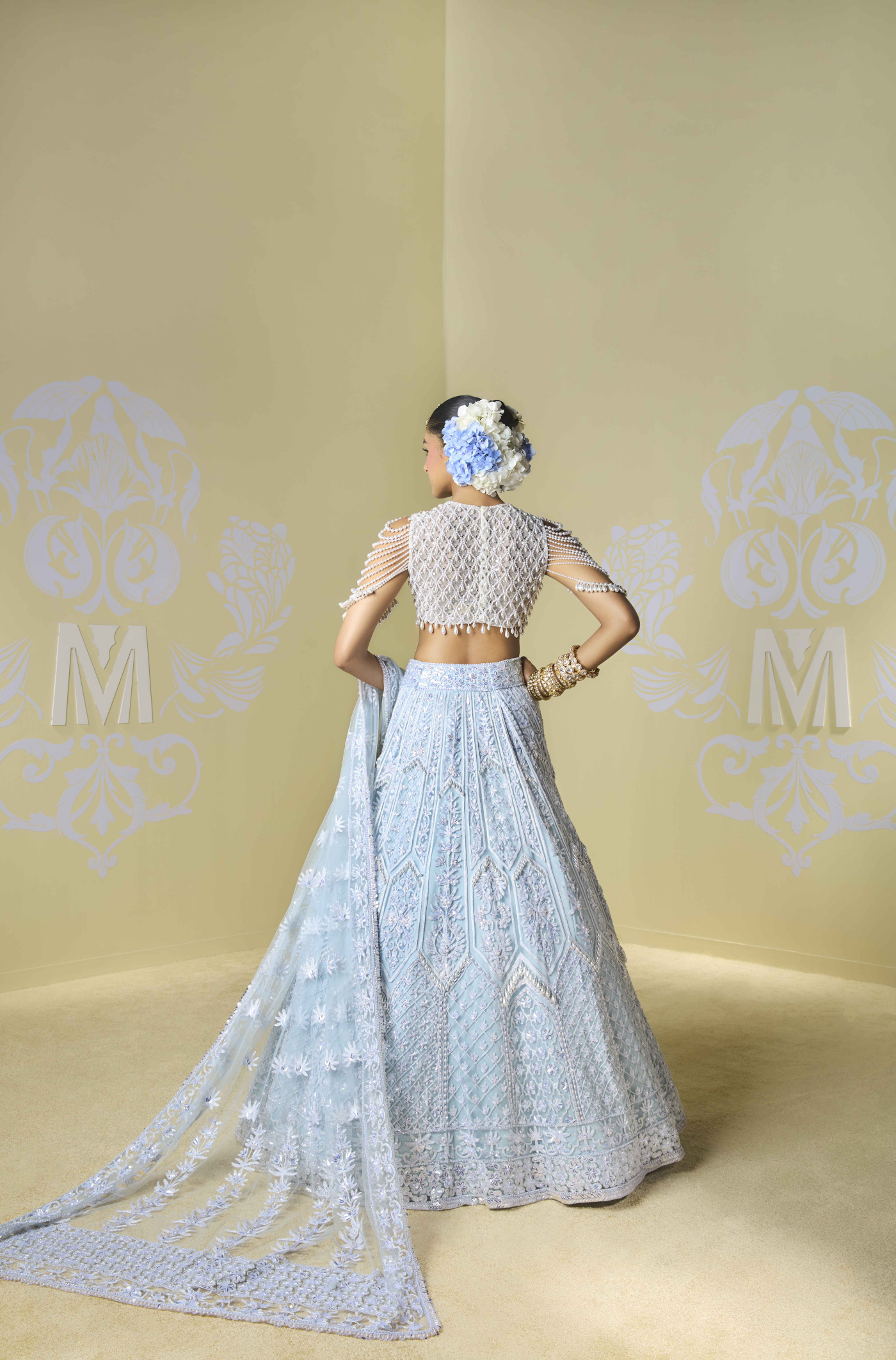 Powder Blue and Ivory Kashmiri Embroidered Lehenga Set