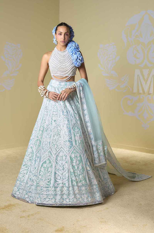 Blue & Mint Sequin Kashmiri Lehenga Set