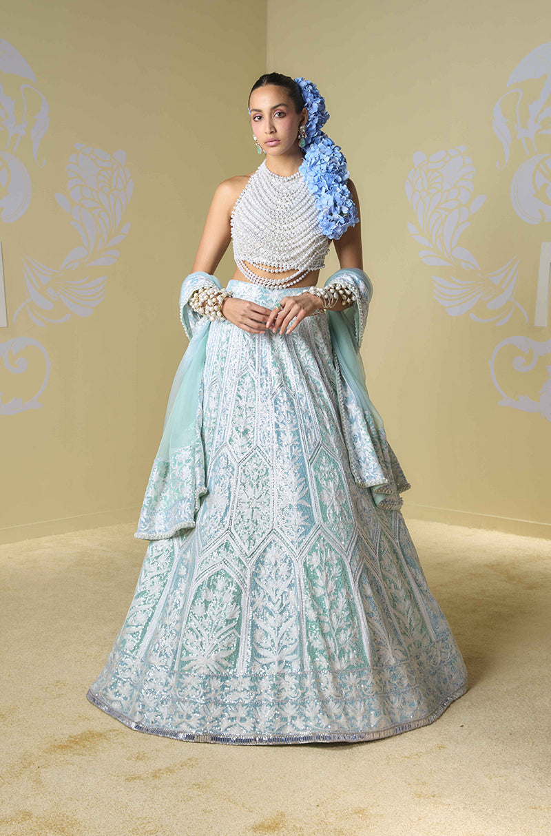 Blue & Mint Sequin Kashmiri Lehenga Set