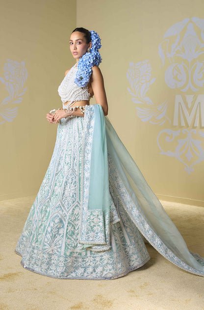 Blue & Mint Sequin Kashmiri Lehenga Set