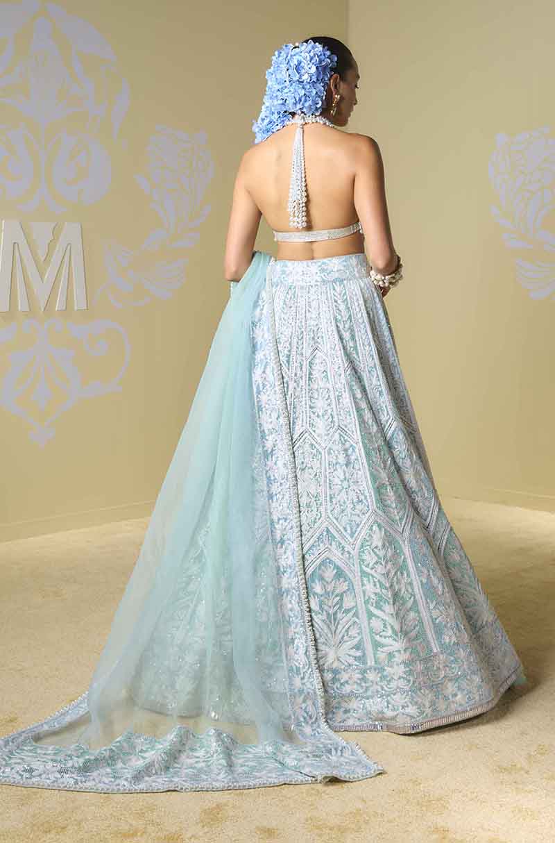 Blue & Mint Sequin Kashmiri Lehenga Set