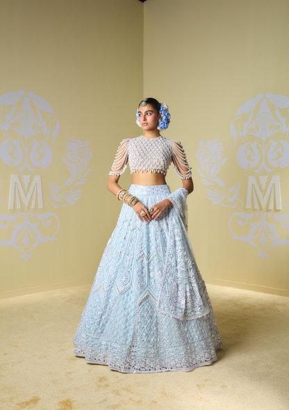 Blue & Mint Sequin Kashmiri Lehenga Set