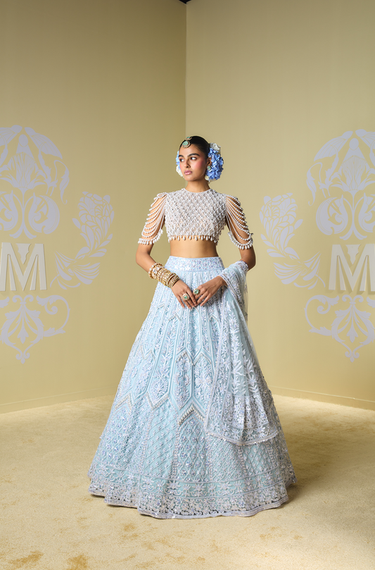 Blue & Mint Sequin Kashmiri Lehenga Set