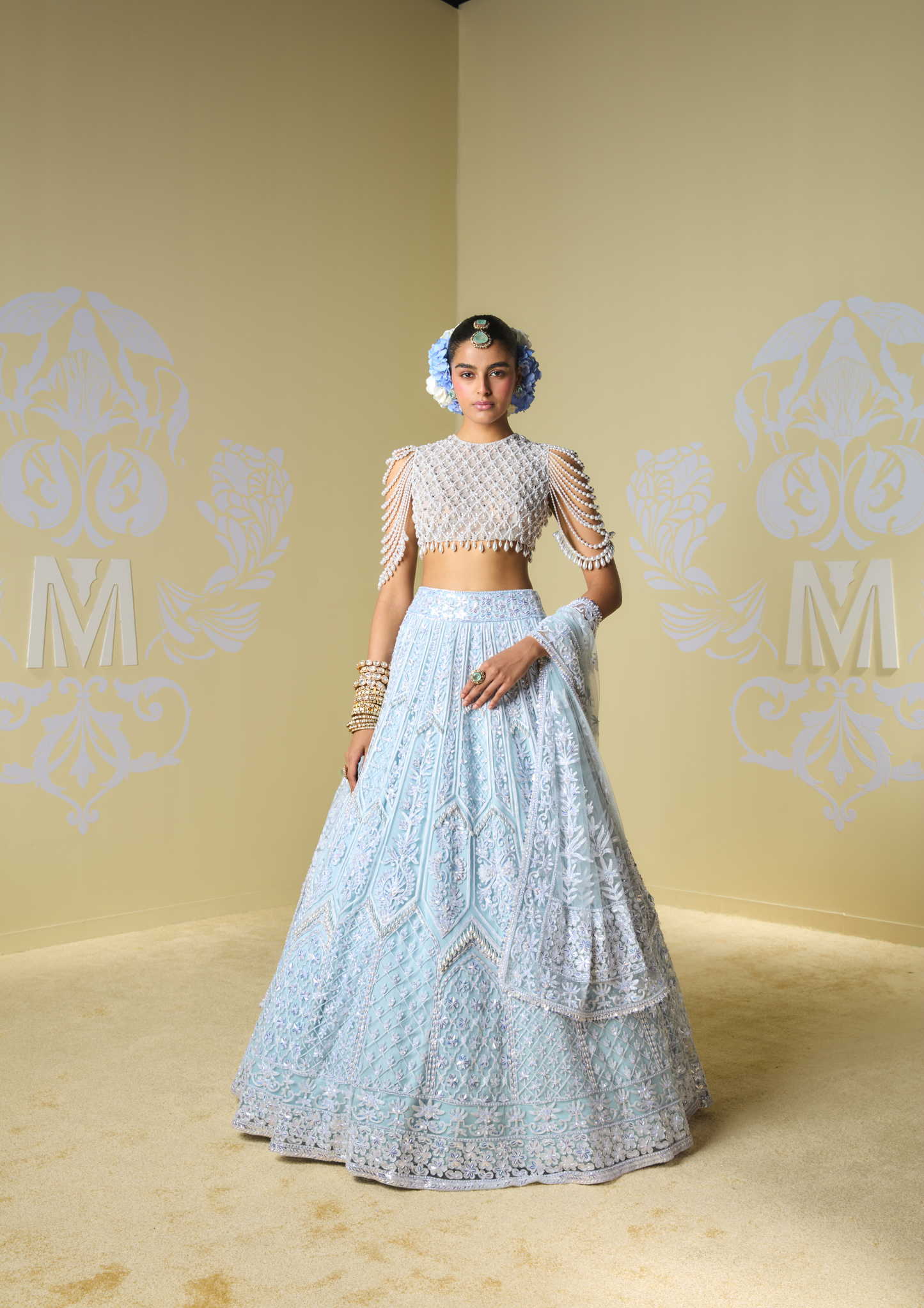 Blue & Mint Sequin Kashmiri Lehenga Set