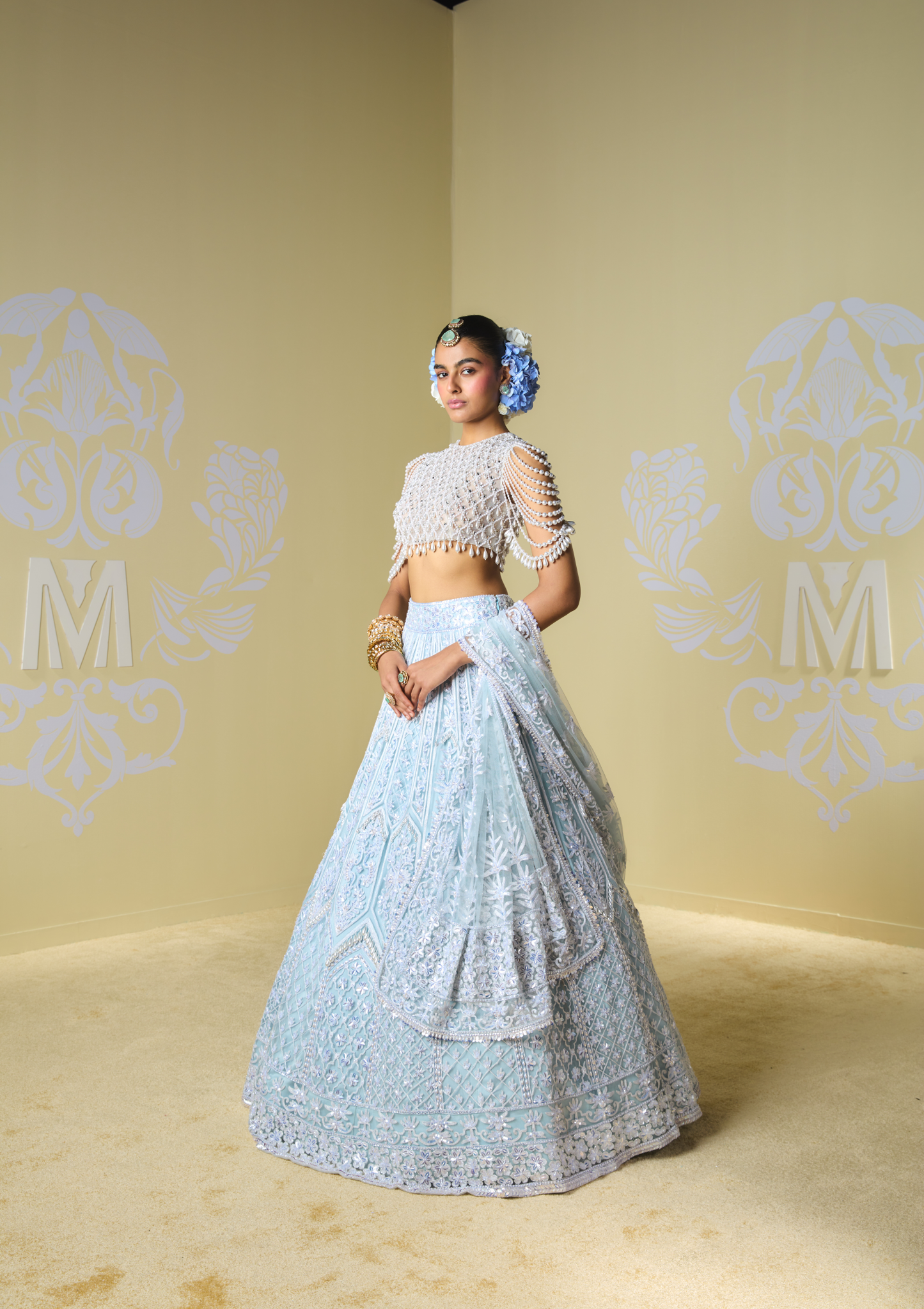 Blue & Mint Sequin Kashmiri Lehenga Set