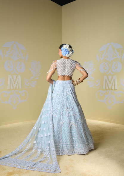 Blue & Mint Sequin Kashmiri Lehenga Set