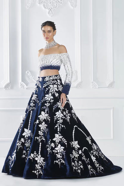Navy Velvet Encrusted Lehenga Set
