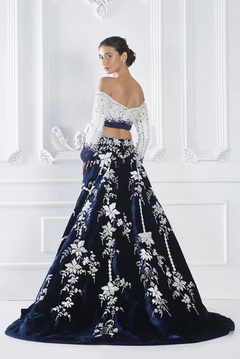 Navy Velvet Encrusted Lehenga Set