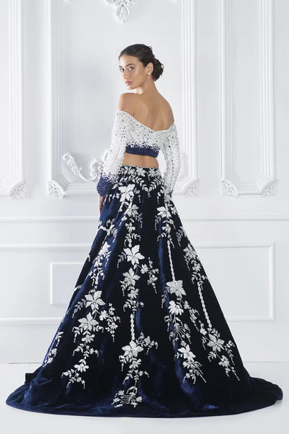 Navy Velvet Encrusted Lehenga Set