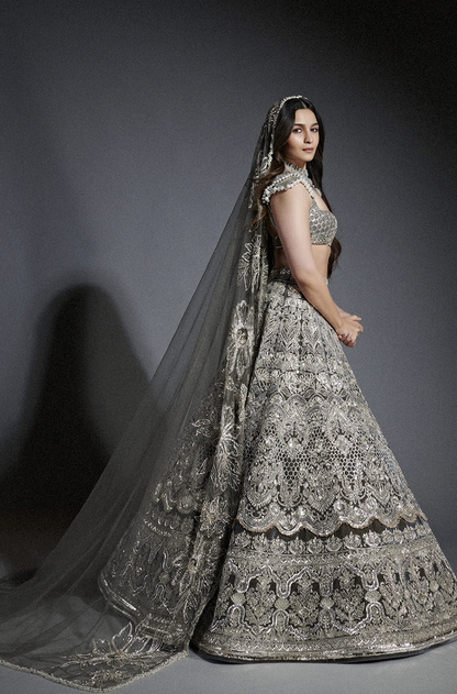 Alia Bhatt in our Lavish Grey Velvet Badla Lehenga Set
