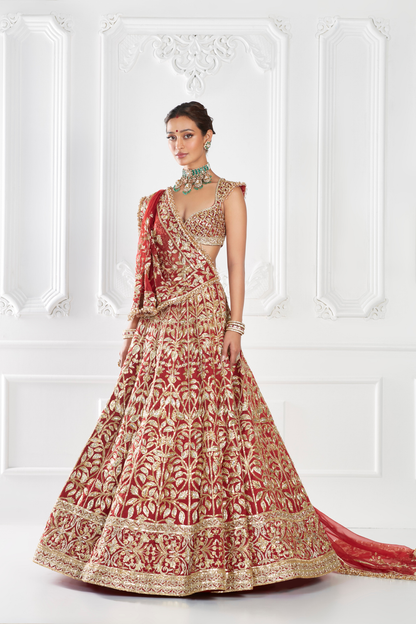 Red Gold Leaf Jaal Embroidered Lehenga Set