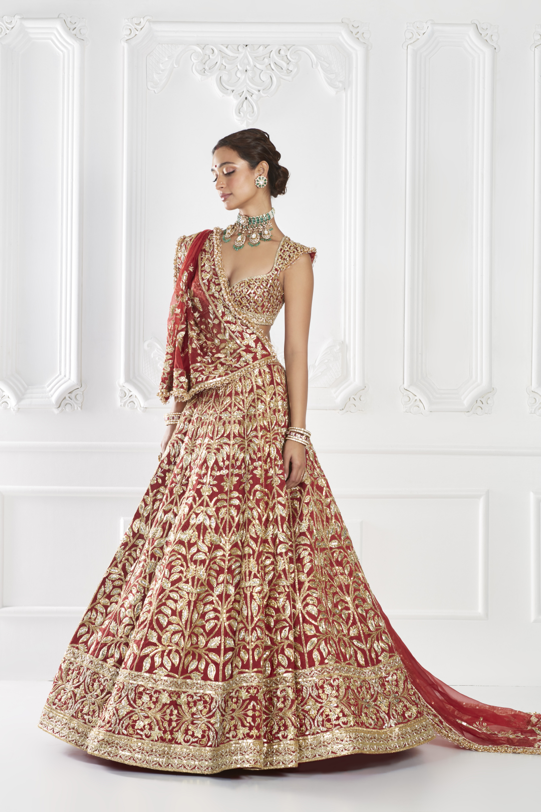 Red Gold Leaf Jaal Embroidered Lehenga Set